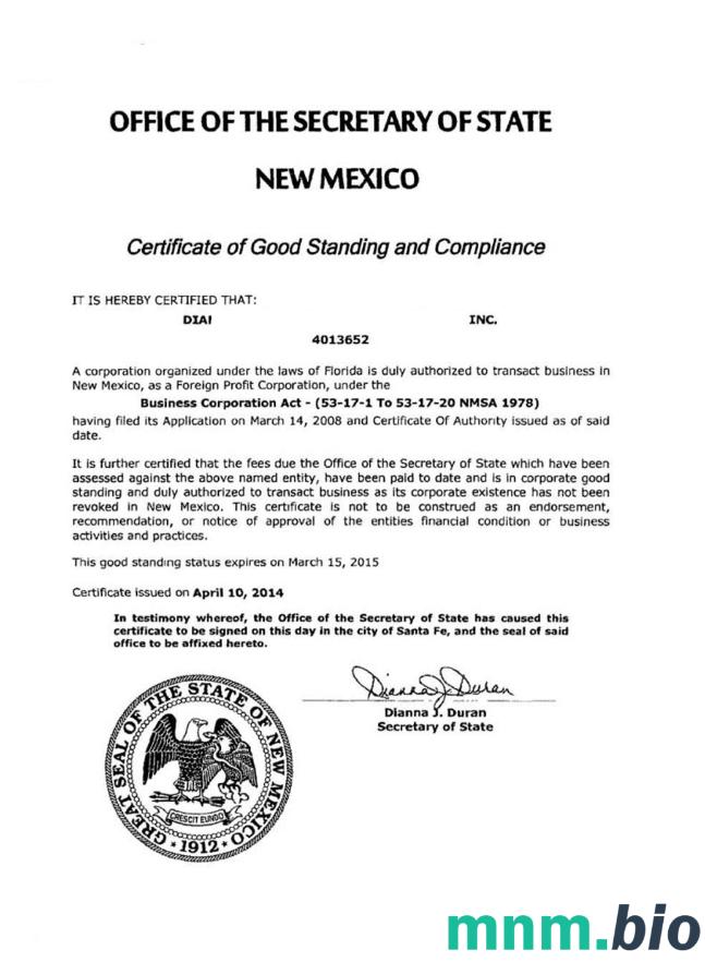 USA New Mexico vcertyfikat of good standing